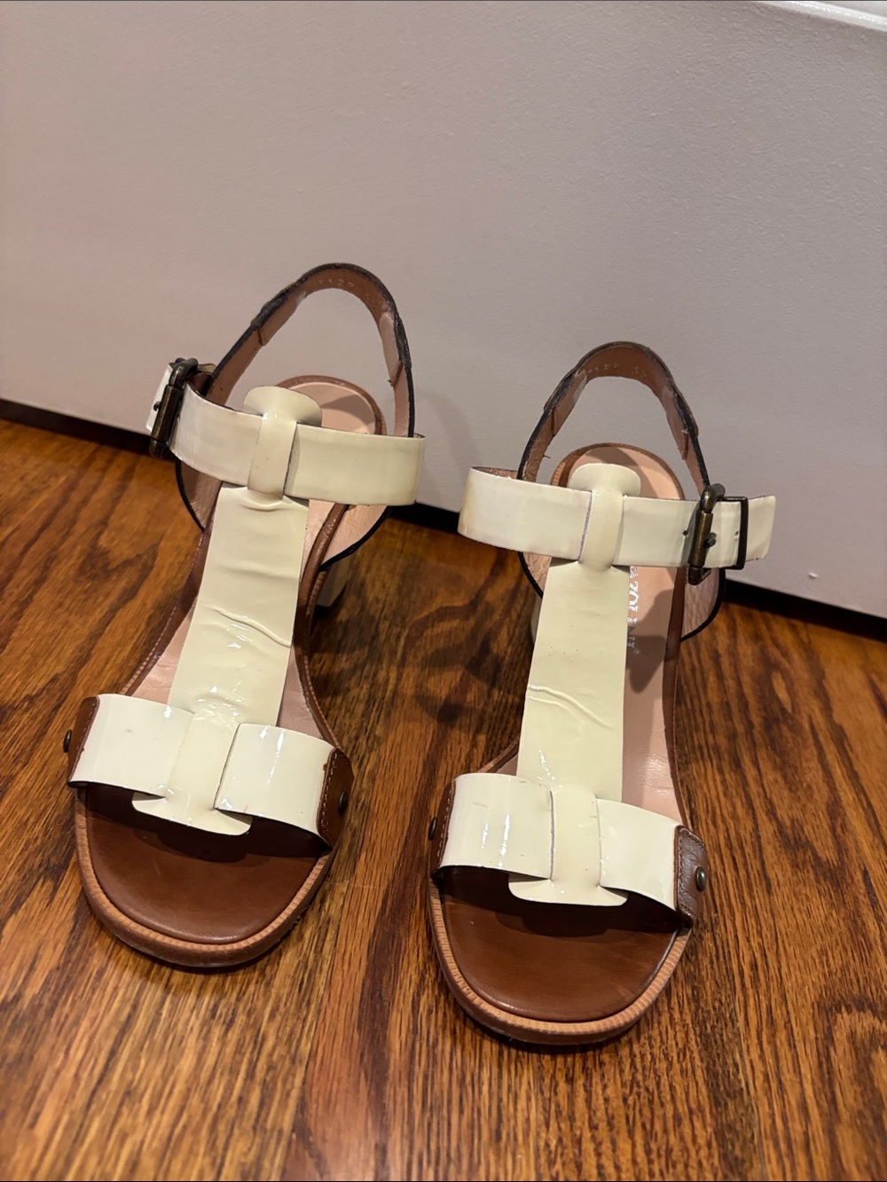 Aldo Cream Patent T-Strap Buckle Heeled Sandals